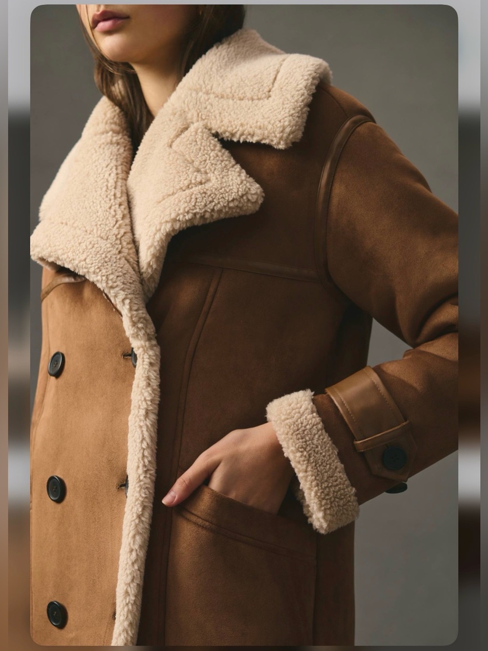 Anthropologie Avec Les Filles Brown Faux Shearling Trim Trench Coat Medium - Picture 3 of 12
